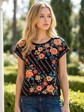 SAVANNA JANE Floral Embroidered Boho Black Multicolor Short Sleeve TOP SZ S